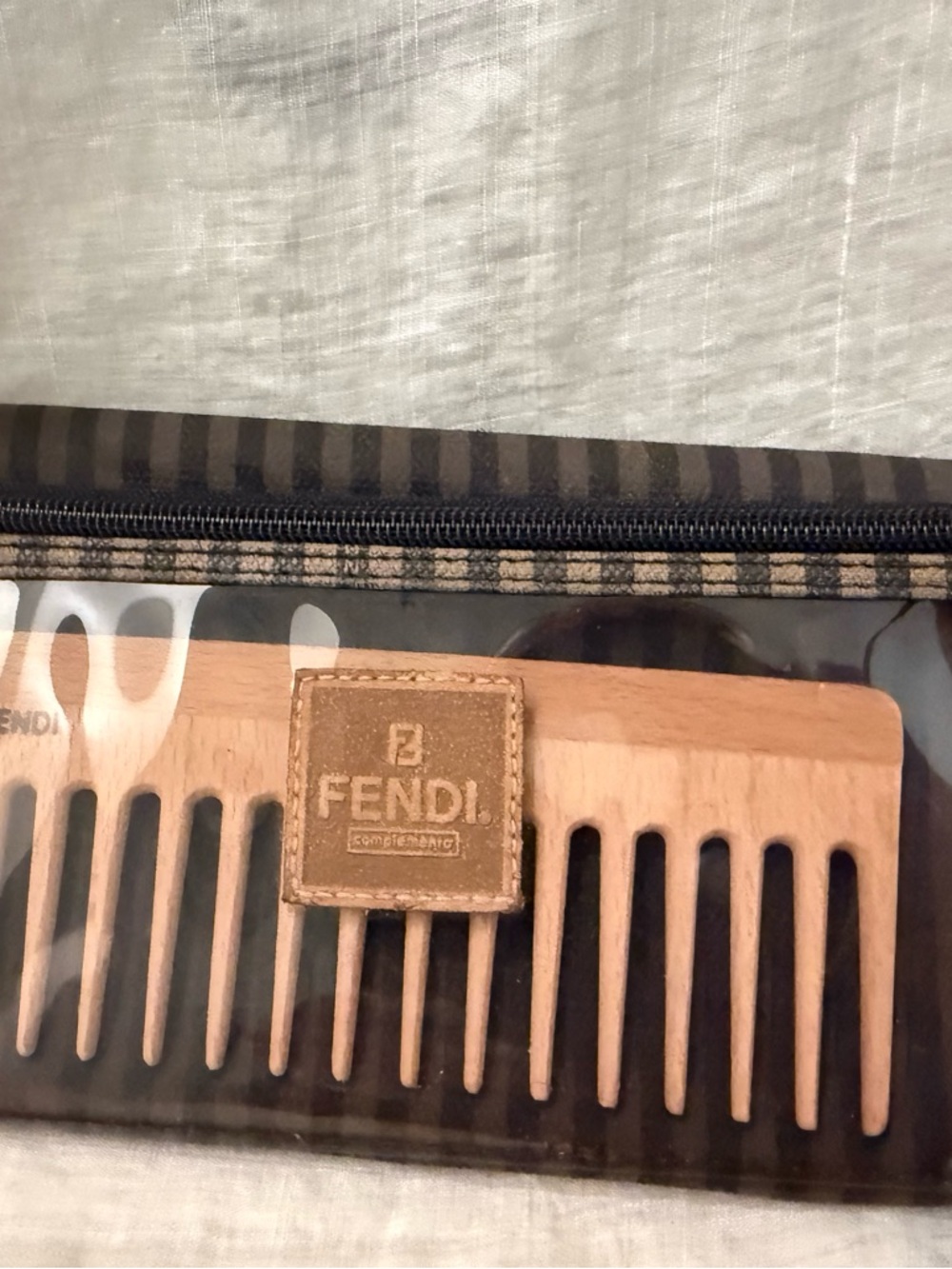Fendi Brown Wooden Pocket Comb with Leather Logo zipper bag and pouch